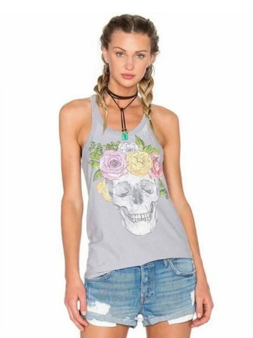 CHASER Floral Skull Graphic Tank Top Women’s Size L Coquette Boho Rocker Style